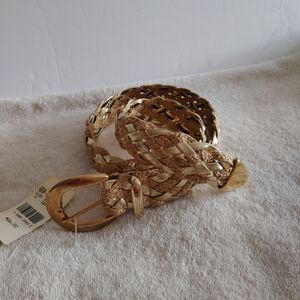Metallic Gold and Rattan Woven Belt Gold Tone Buckle and End Tip - NWT